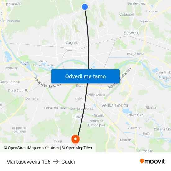 Markuševečka 106 to Gudci map