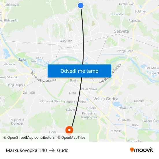 Markuševečka 140 to Gudci map