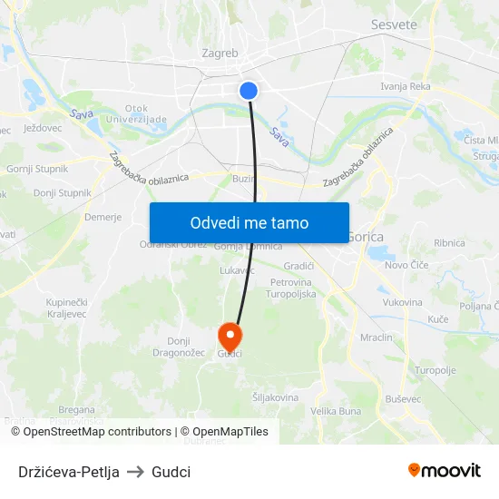 Držićeva-Petlja to Gudci map