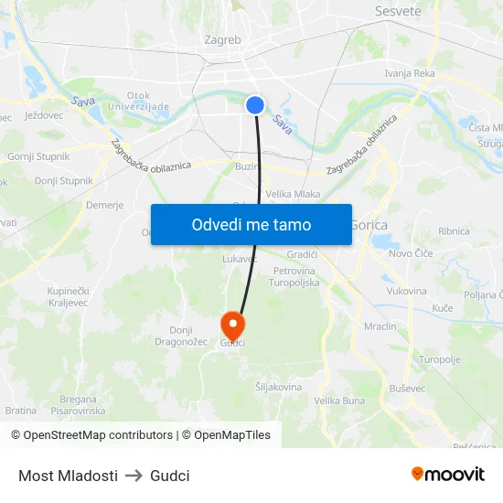 Most Mladosti to Gudci map