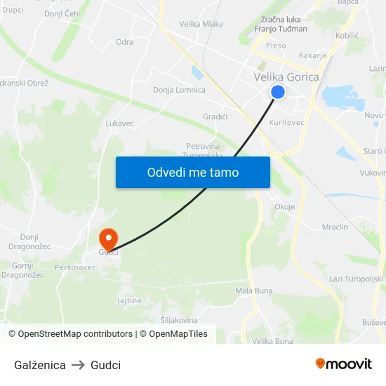 Galženica to Gudci map