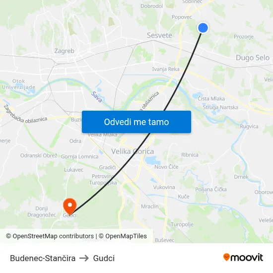 Budenec-Stančira to Gudci map
