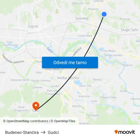 Budenec-Stančira to Gudci map