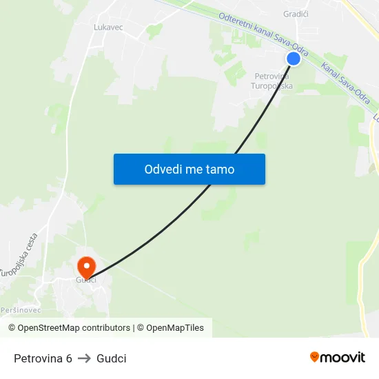 Petrovina 6 to Gudci map