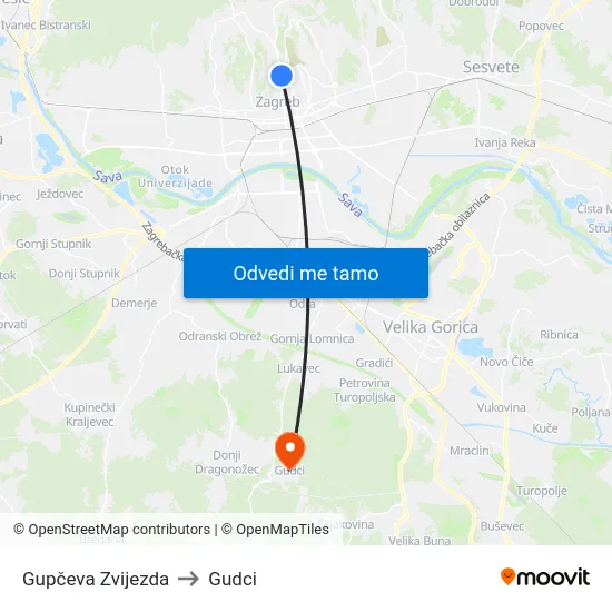 Gupčeva Zvijezda to Gudci map