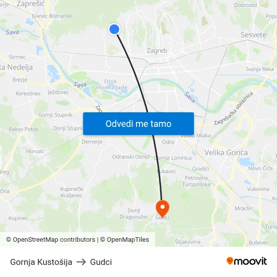 Gornja Kustošija to Gudci map