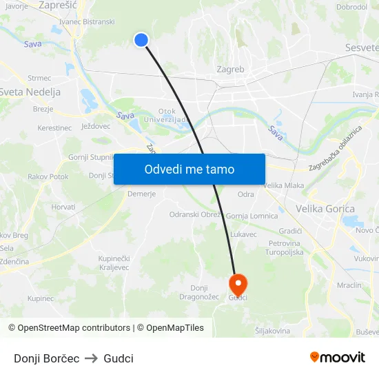 Donji Borčec to Gudci map