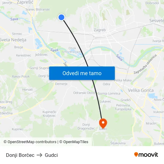 Donji Borčec to Gudci map