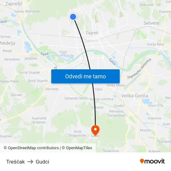 Treščak to Gudci map