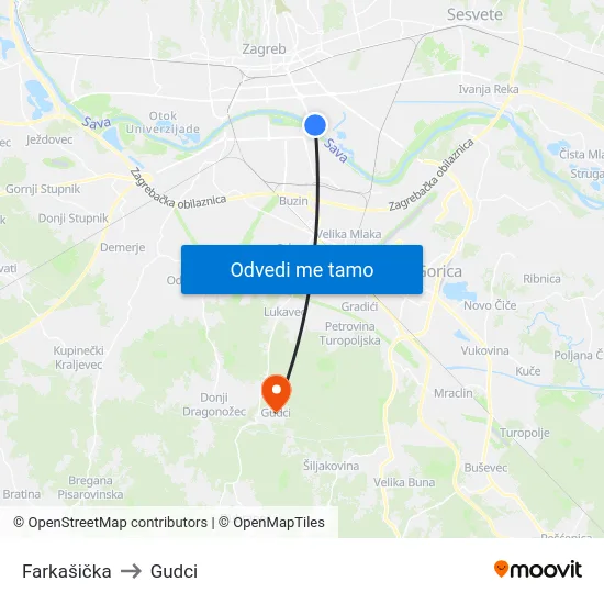 Farkašička to Gudci map