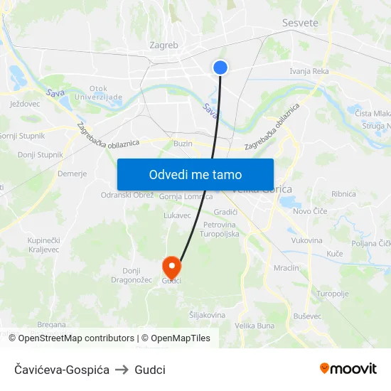 Čavićeva-Gospića to Gudci map