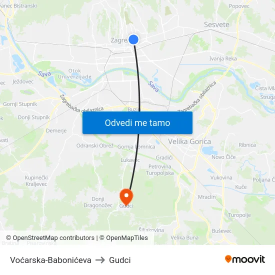 Voćarska-Babonićeva to Gudci map