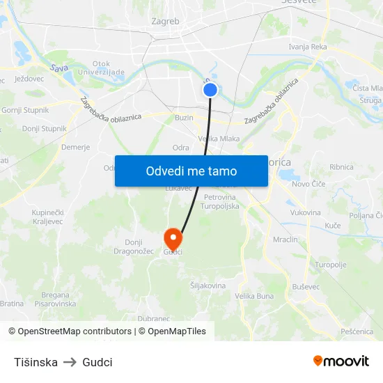 Tišinska to Gudci map