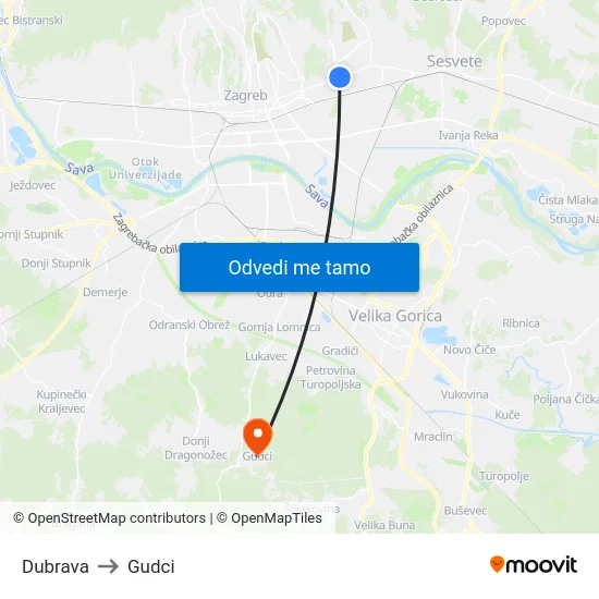 Dubrava to Gudci map