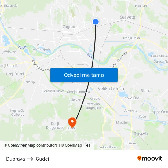 Dubrava to Gudci map
