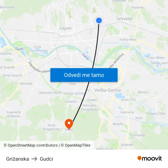 Grižanska to Gudci map