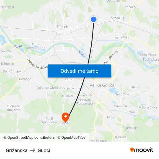 Grižanska to Gudci map