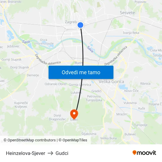 Heinzelova-Sjever to Gudci map