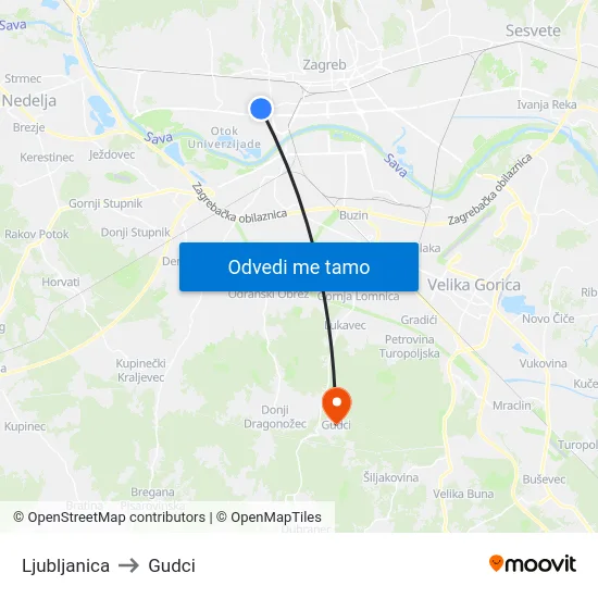 Ljubljanica to Gudci map