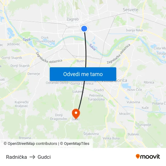 Radnička to Gudci map