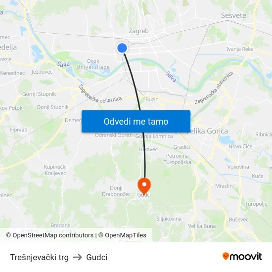 Trešnjevački trg to Gudci map