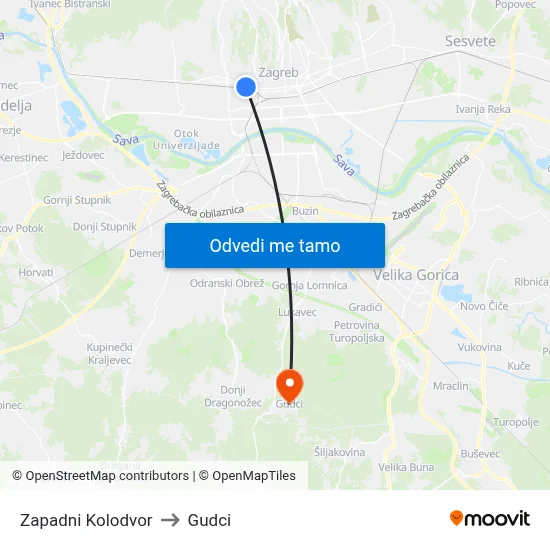 Zapadni Kolodvor to Gudci map