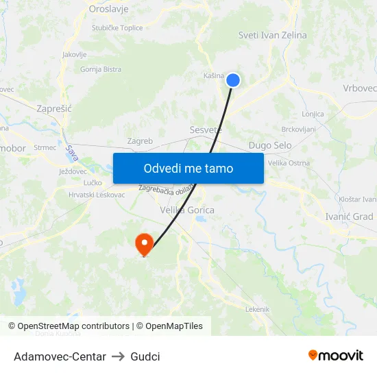 Adamovec-Centar to Gudci map