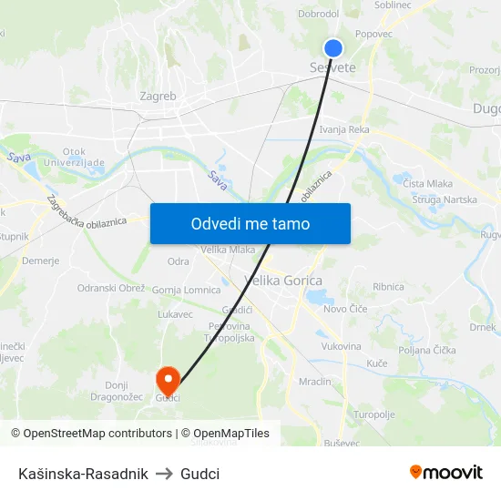 Kašinska-Rasadnik to Gudci map