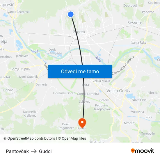 Pantovčak to Gudci map