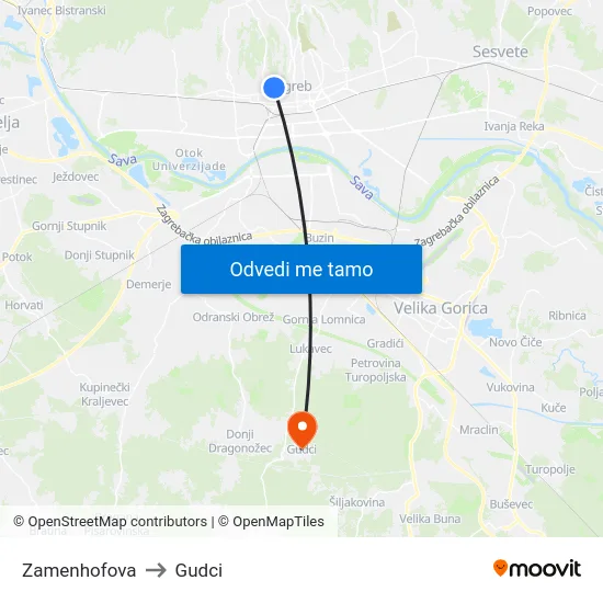 Zamenhofova to Gudci map