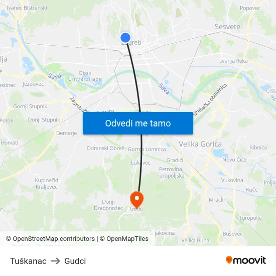 Tuškanac to Gudci map