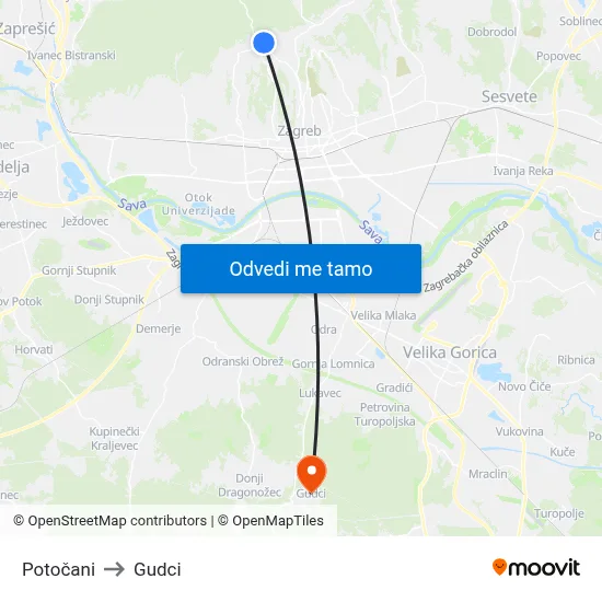 Potočani to Gudci map