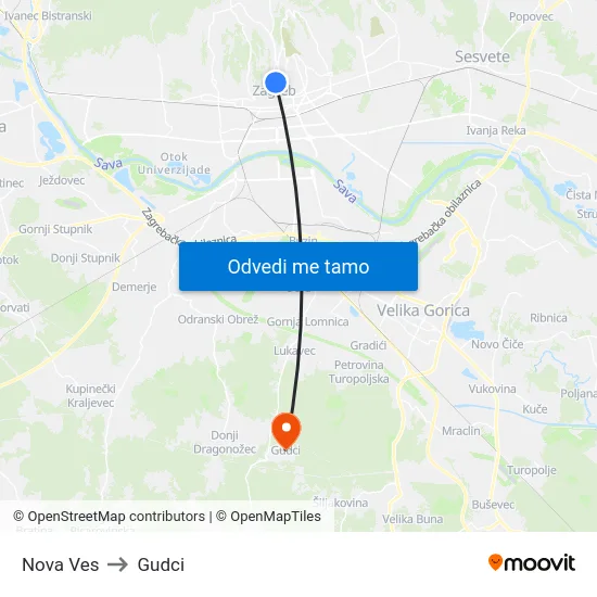 Nova Ves to Gudci map