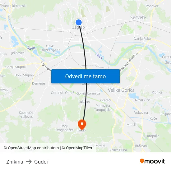 Znikina to Gudci map