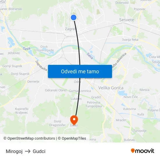 Mirogoj to Gudci map