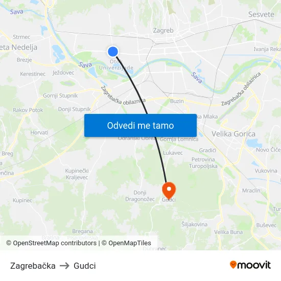 Zagrebačka to Gudci map
