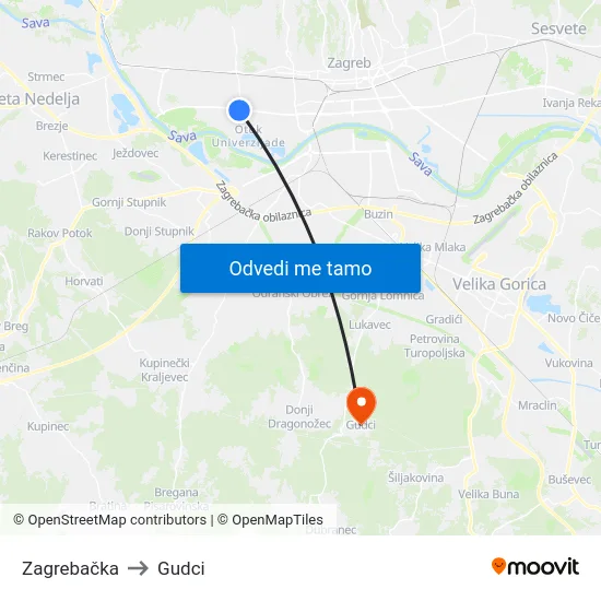 Zagrebačka to Gudci map