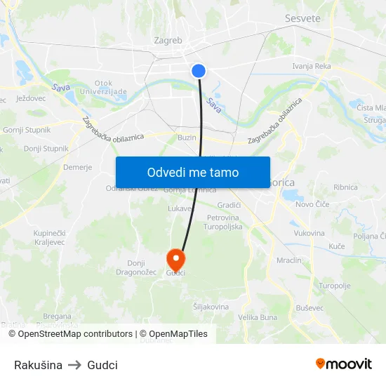 Rakušina to Gudci map