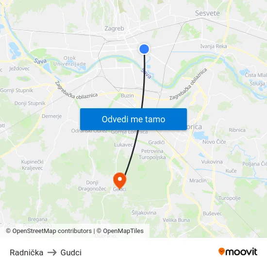 Radnička to Gudci map