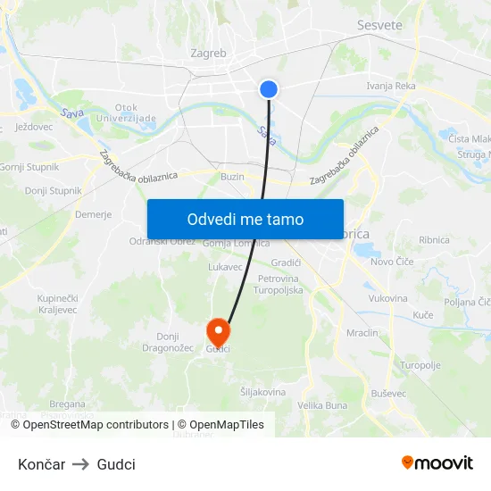 Končar to Gudci map