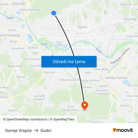 Gornje Vrapče to Gudci map
