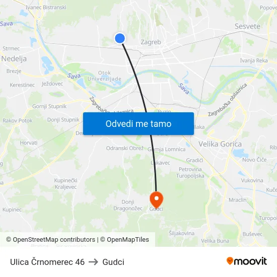 Ulica Črnomerec 46 to Gudci map