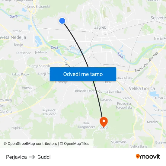 Perjavica to Gudci map