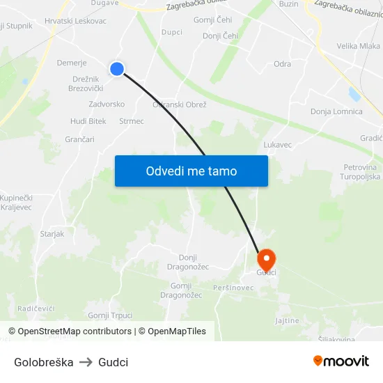 Golobreška to Gudci map