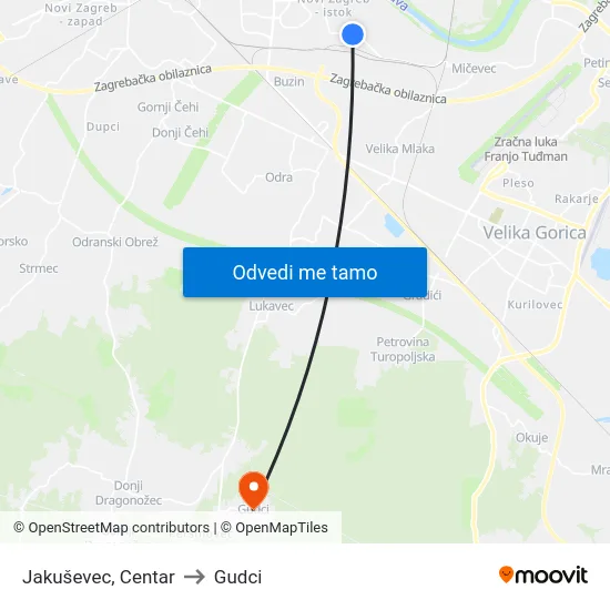 Jakuševec, Centar to Gudci map