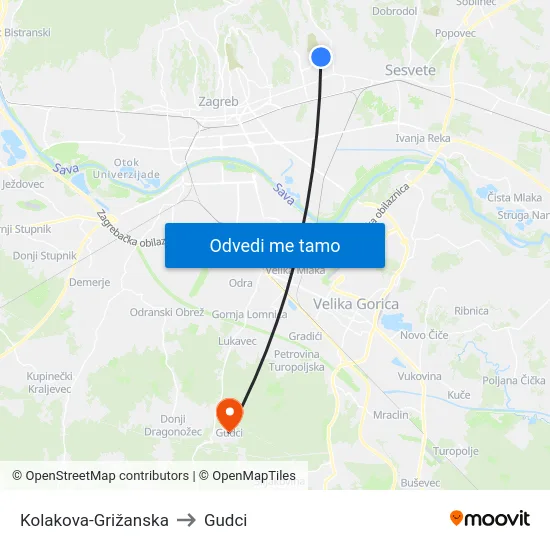 Kolakova-Grižanska to Gudci map