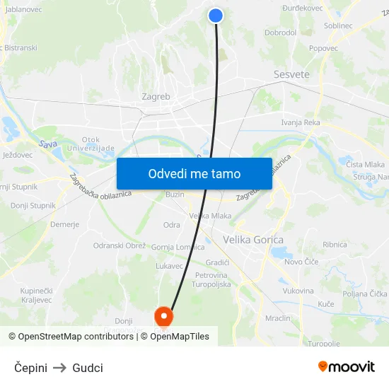 Čepini to Gudci map