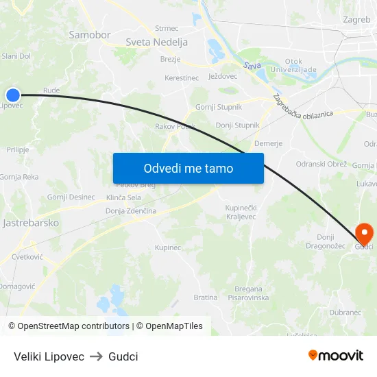 Veliki Lipovec to Gudci map