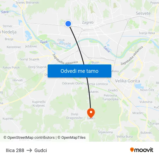 Ilica 288 to Gudci map