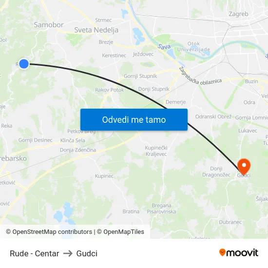 Rude - Centar to Gudci map